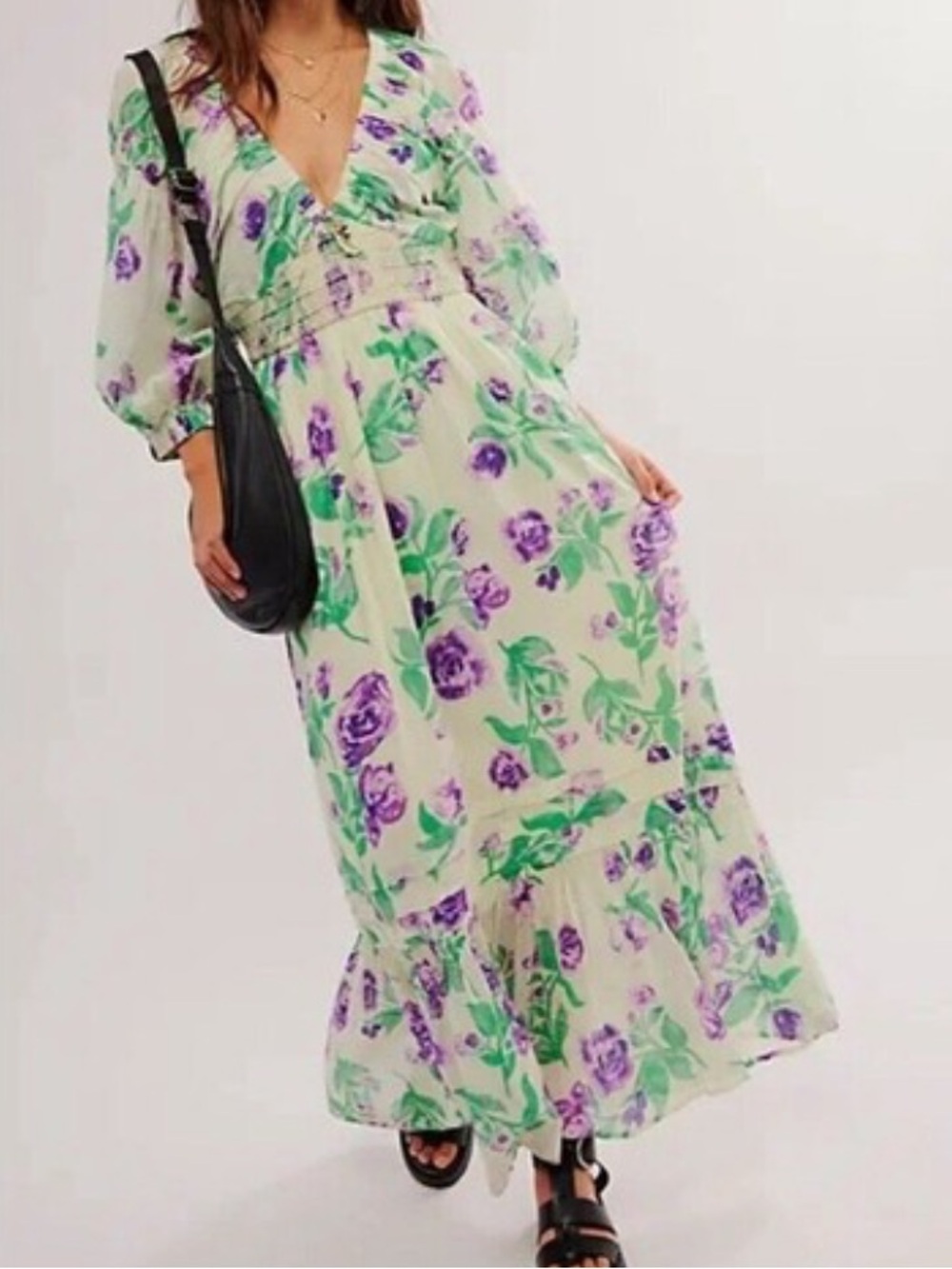 Free People Golden Hour Floral V-Neck Maxi Dress Green/Purple S